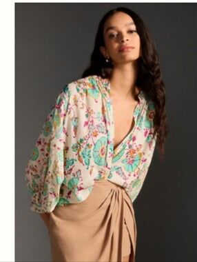 Anthropologie Pilcro Batwing Cream Blouse with Mint and Pink Floral Print